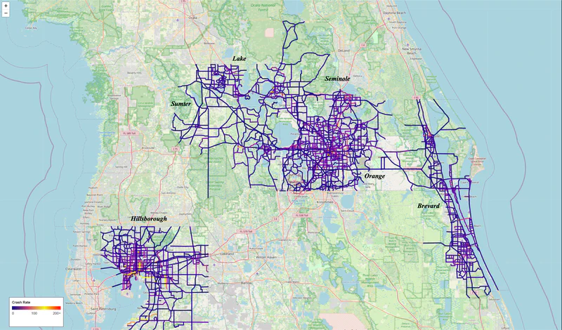Central Florida roadway network used in the connected-vehicle crash-risk and causal mediation study.