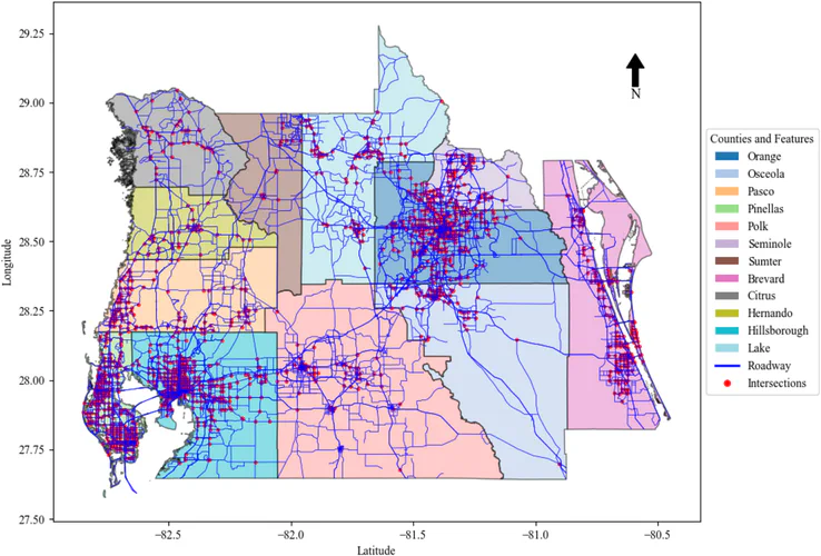 Florida study area showing county boundaries, roadway links, and intersection locations.